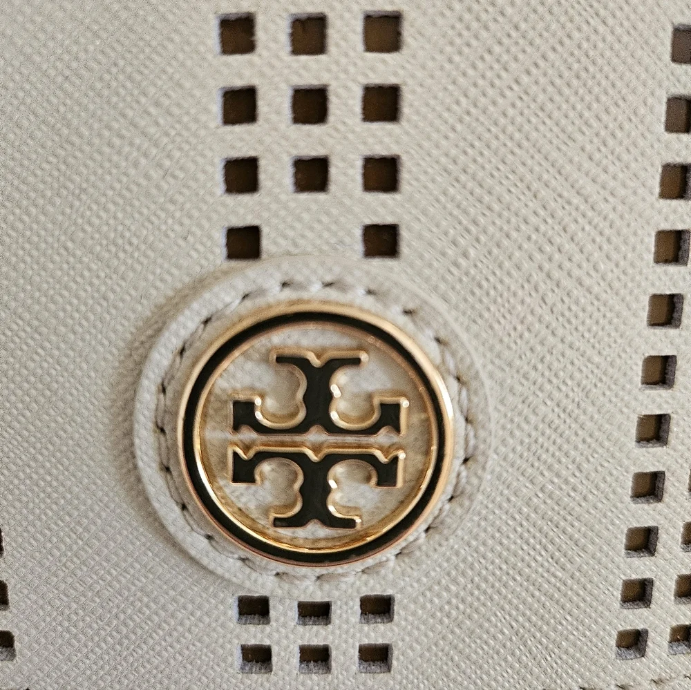 Tory Burch Robinson perforated leather mini crossbody clutch in off-white